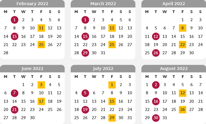 A calendar showing general waste collections highlighted in magenta and recycling collections highlighted in yellow.