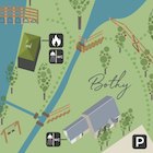 Variety of trees, fencing, river, lake and steps. Site map designed by Lettica
