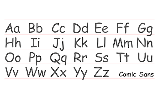 Upper- and lowercase alphabet in Comic Sans