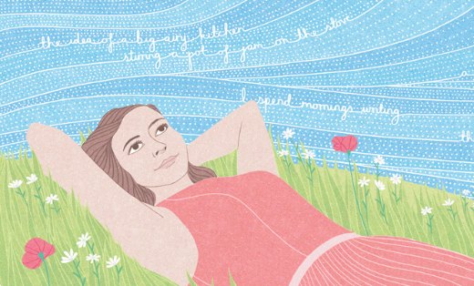 Illustration of girl reclining on grass by Laurie Hastings