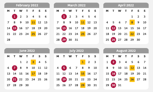 A calendar showing general waste collections highlighted in magenta and recycling collections highlighted in yellow