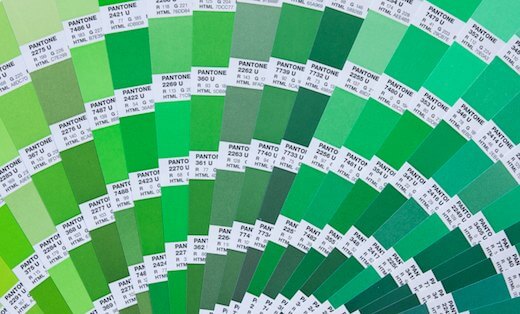 Fan of green colour swatches in Pantone book
