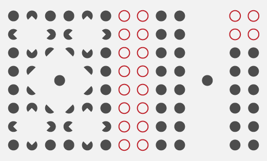 A grid of grey dots and red circles demonstrating the Gestalt Principles of similarity, proximity, closure and figure-ground