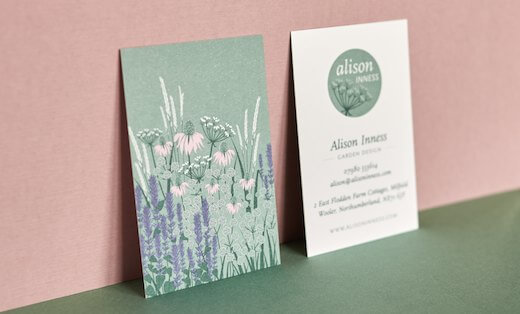 Business card design for Alison Inness, printed in shades of green