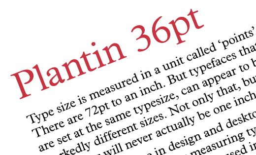 Paragraph of text with large red heading saying ‘Plantin 36pt’