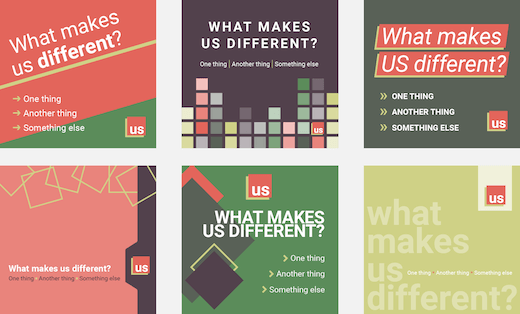 Six different ways to combine the same logo, type, colours and content