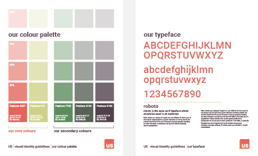 Two pages from a basic visual identity guidelines document