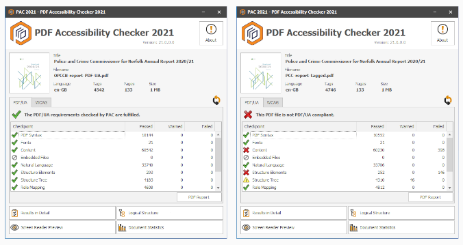 Screenshots from PAC21 showing PDFs passing and failing accessibility testing