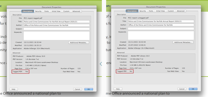 Screenshots from Acrobat Reader showing the document properties dialogue box where the tagging status is shown