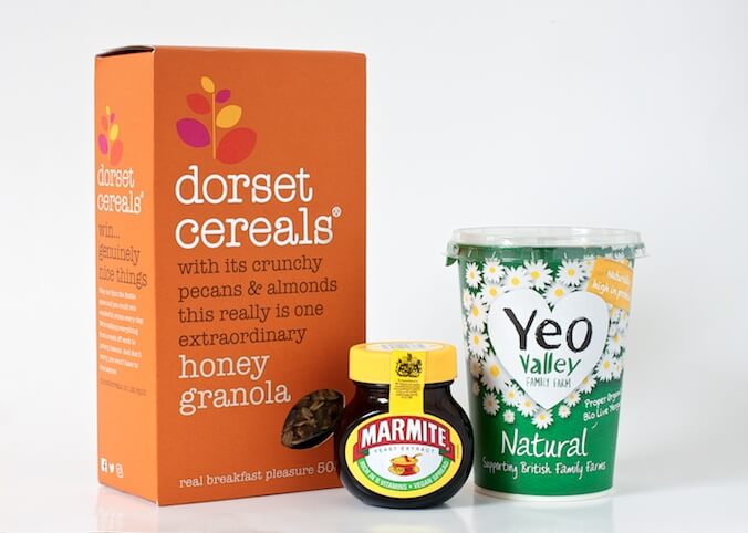 Product packaging from Dorset Cereals, Marmite, and Yeo Valley Farm