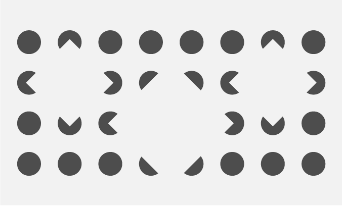 A grid of evenly-spaced grey dots has some dots which have 90 or 180 degree segments missing. These incomplete dots align to suggest the corners and sides of three squares.