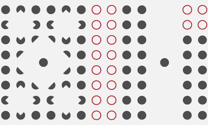 A grid of grey dots and red circles demonstrating the Gestalt Principles of similarity, proximity, closure and figure-ground