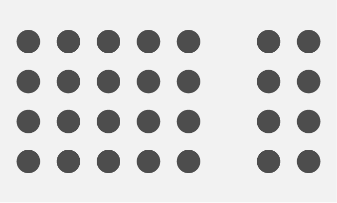 A grid of evenly-spaced grey dots with one column of dots missing, resolves into two distinct groups.