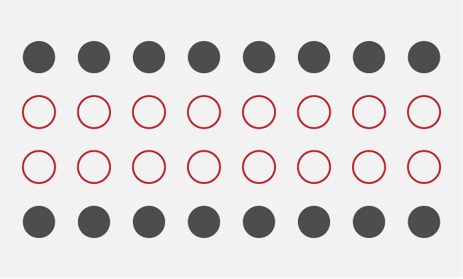 A row of grey dots is followed by two rows of red circles and a further row of grey dots.