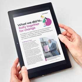 Tablet showing inside page from the Kidney Research UK annual report 
