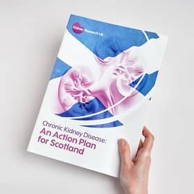 Tablet showing Kidney Research UK's Chronic Kidney Disease: An Action Plan for Scotland report front cover