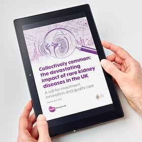 Tablet showing the front cover of Kidney Research's Collectively common: the devastating impact of rare kidney diseases report