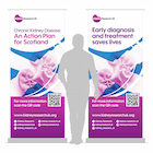 Two display banners promoting Kidney Research UK's Chronic Kidney Disease: An Action Plan for Scotland report