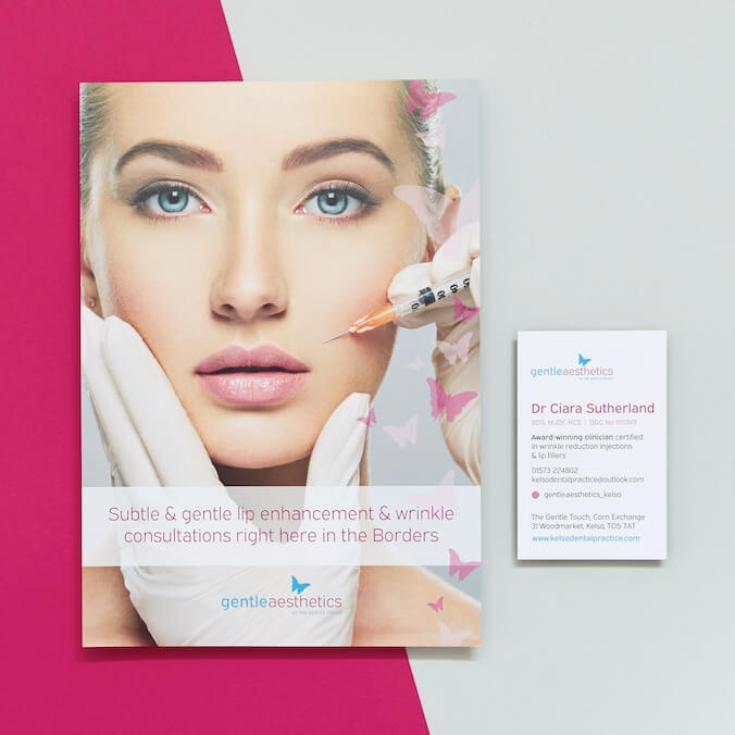 Gentle Aesthetics’ business cards and flyers are consistently designed using the brand colours and typeface