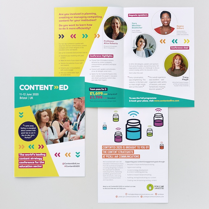 ContentEd conference flyer designed by Lettica for Pickle Jar Communications
