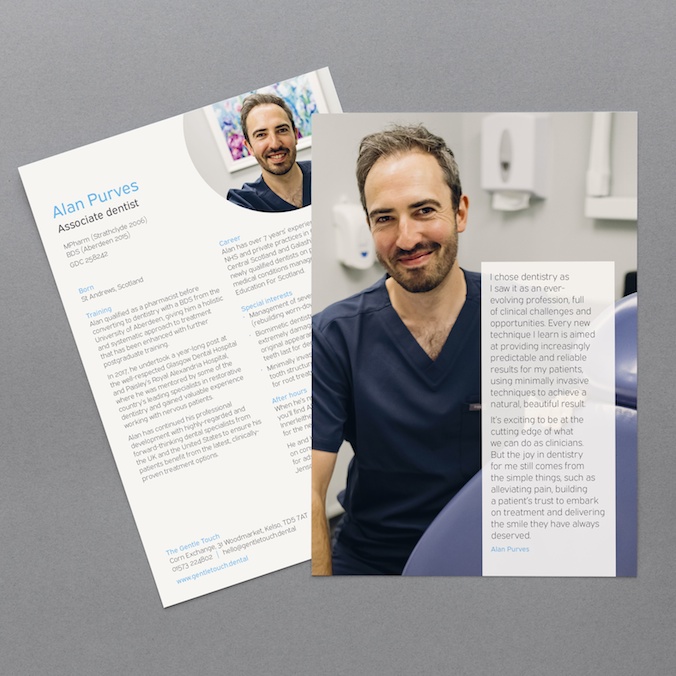 Bio card design featuring a smiling image of Alan Purves with his testimonial on one side and his biographical information presented on the other.