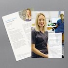 Bio card design featuring a smiling image of Lyndsey Adams with her testimonial on one side and her biographical information presented on the other.