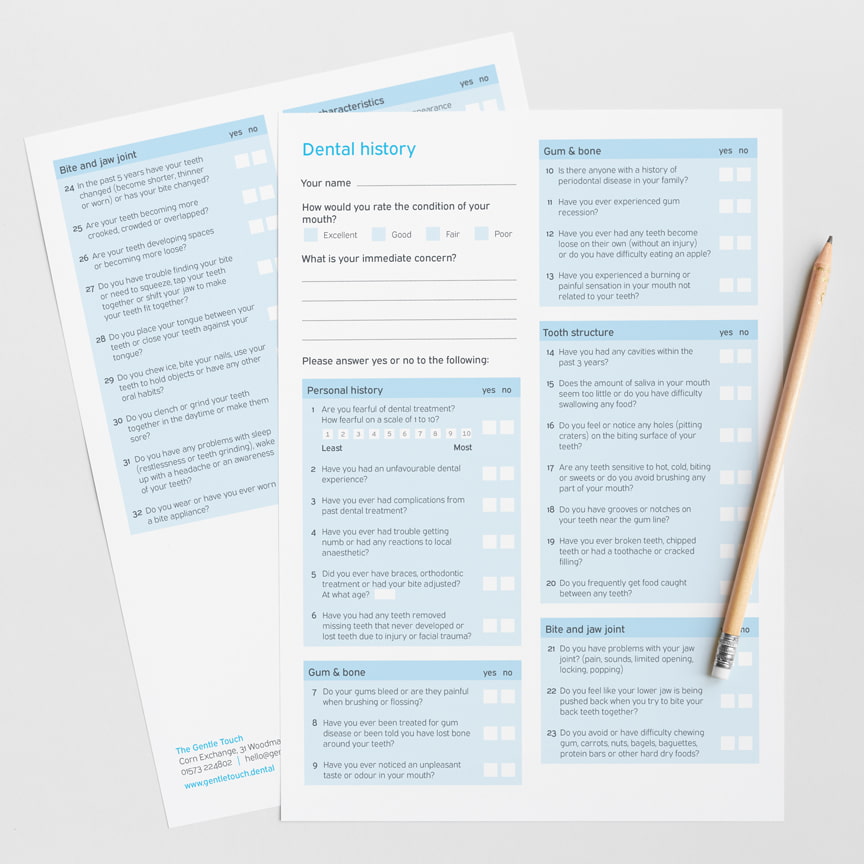 The Gentle Touch Advanced dental history form, designed by Lettica